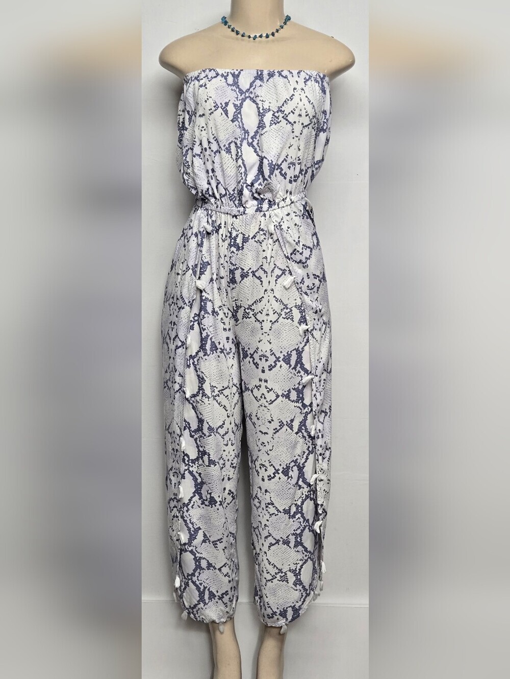 Blue Island S Strapless Tube Jumpsuit Romper Split Legs Tassels Flowy Rayon
